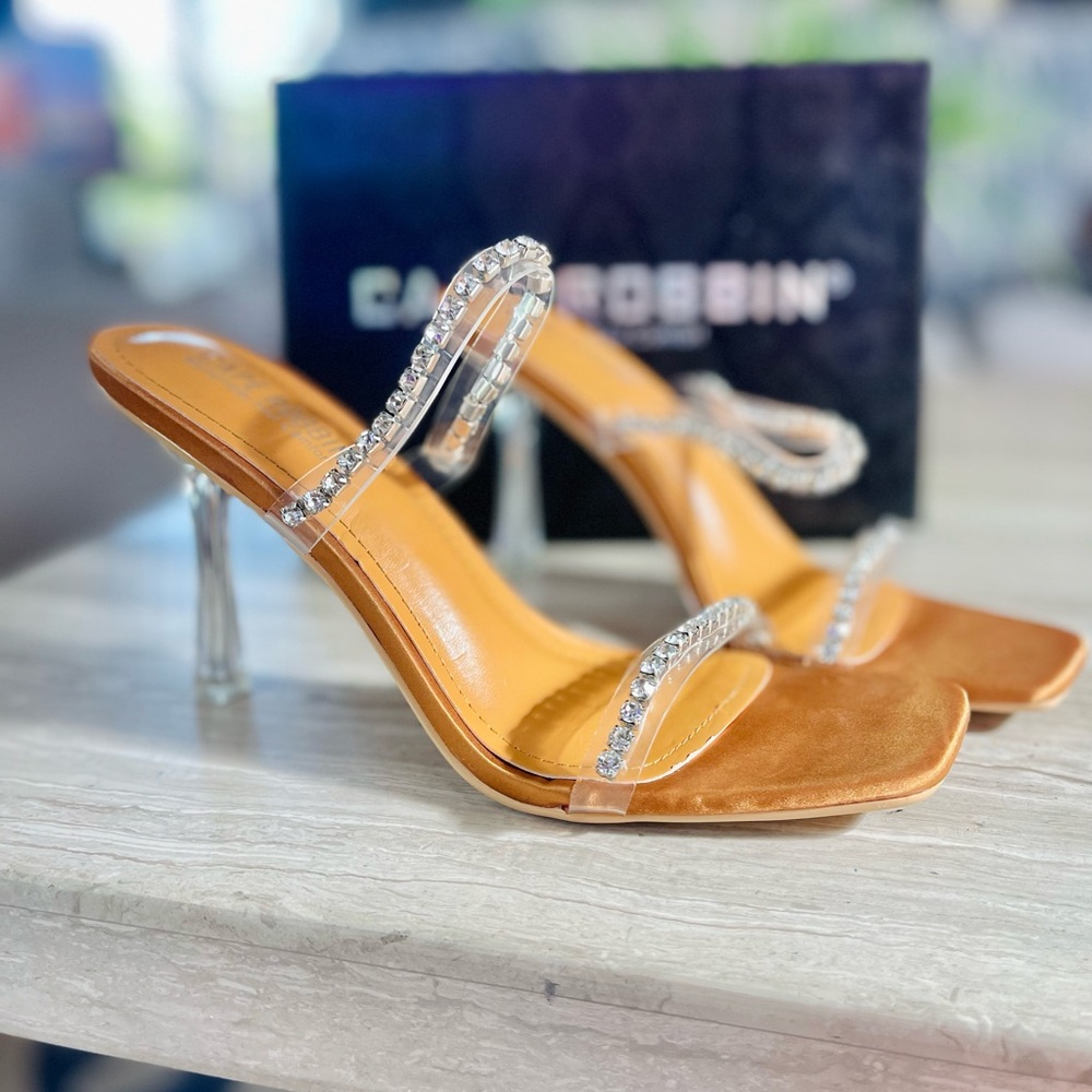 Cape Robbin Tan Heels with Rhinestone Straps